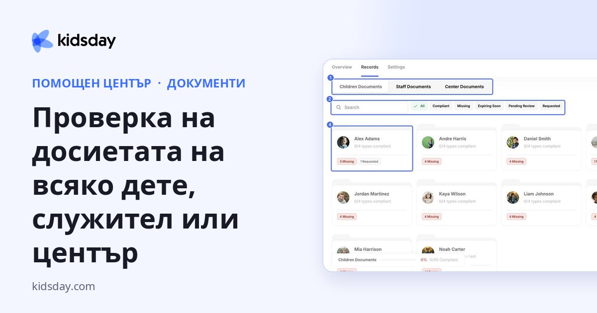 Проверка на досиетата на всяко дете, служител или център