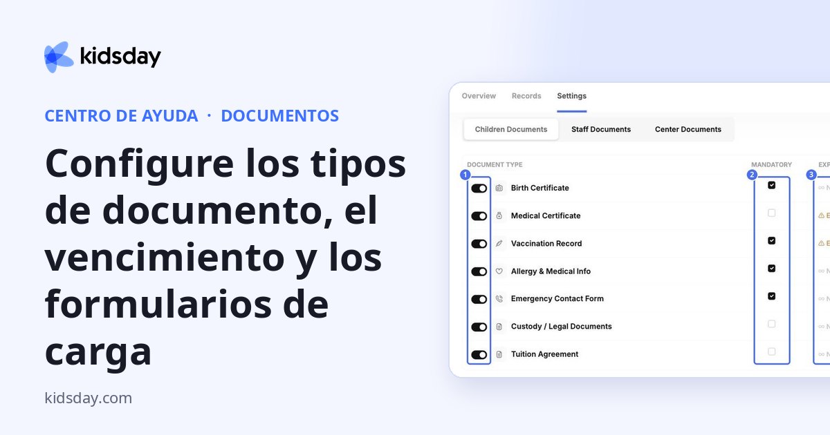 Configure los tipos de documento, el vencimiento y los formularios de carga