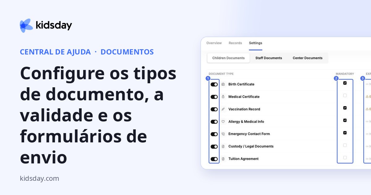 Configure os tipos de documento, a validade e os formulários de envio