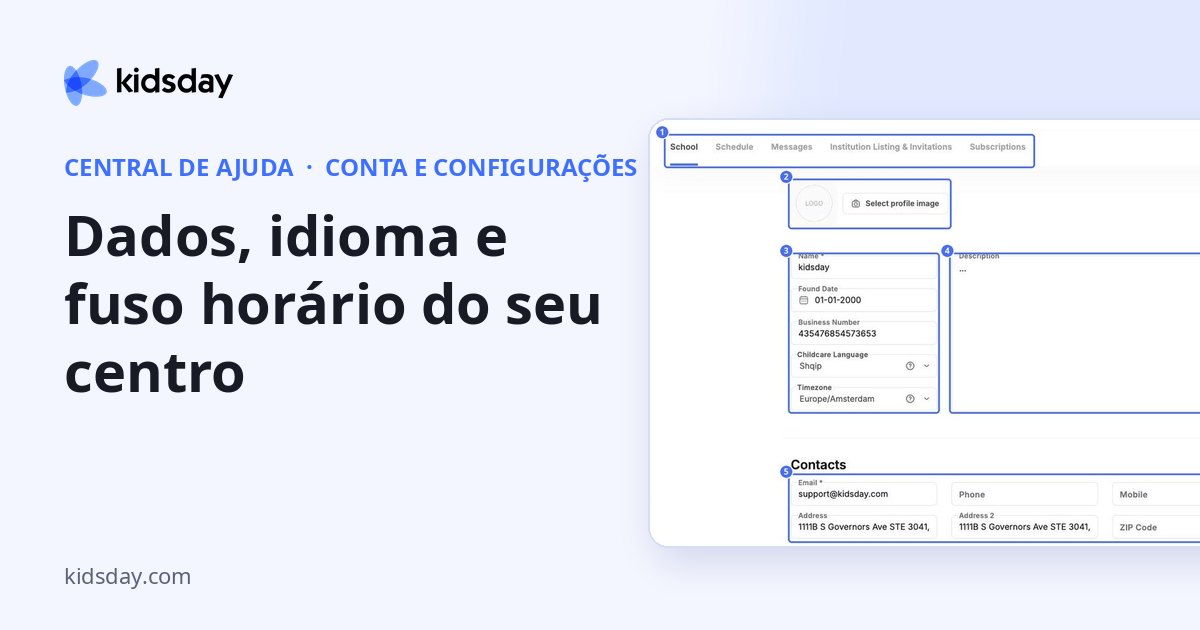 Dados, idioma e fuso horário do seu centro