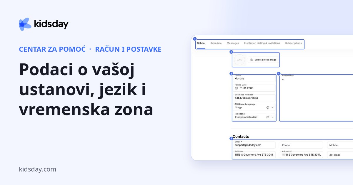 Podaci o vašoj ustanovi, jezik i vremenska zona