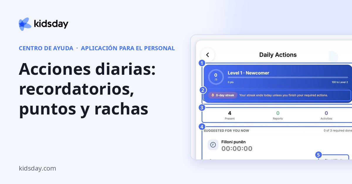 Acciones diarias: recordatorios, puntos y rachas