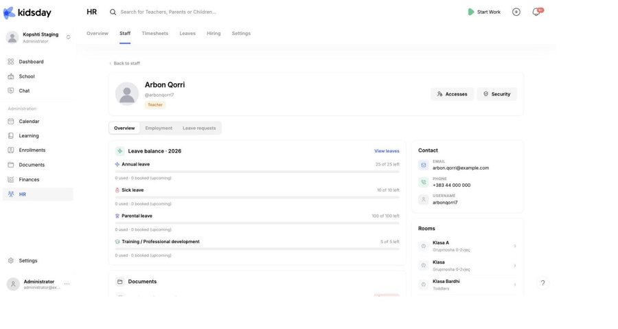The Overview tab of a staff profile, with the leave balance and the contact sidebar