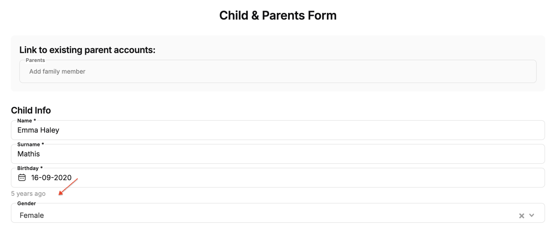 Child’s age is now automatically displayed in the parent registration form