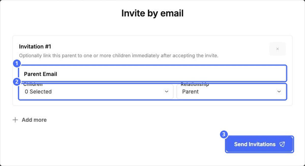 (1) Email, (2) children and relationship, (3) Send Invitations