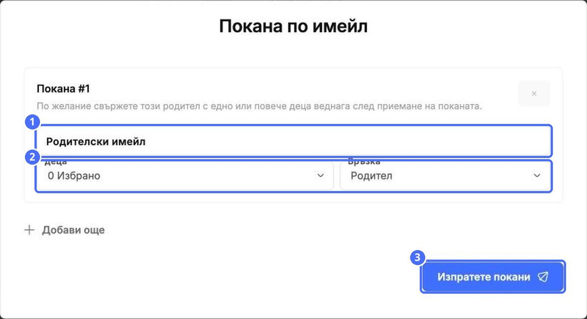(1) Имейл, (2) деца и връзка, (3) Изпрати поканите