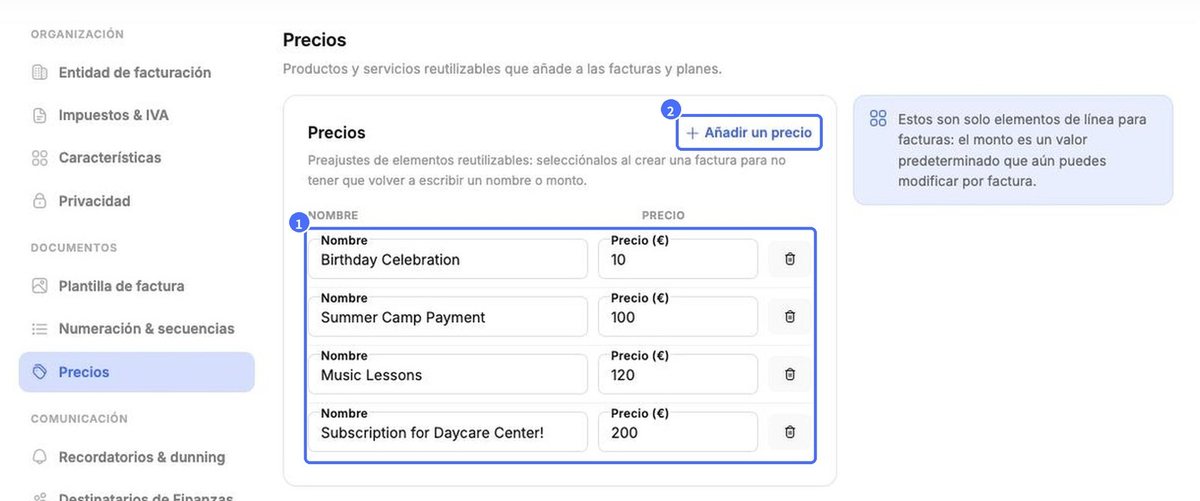 (1) Lista de precios, (2) Añadir un precio