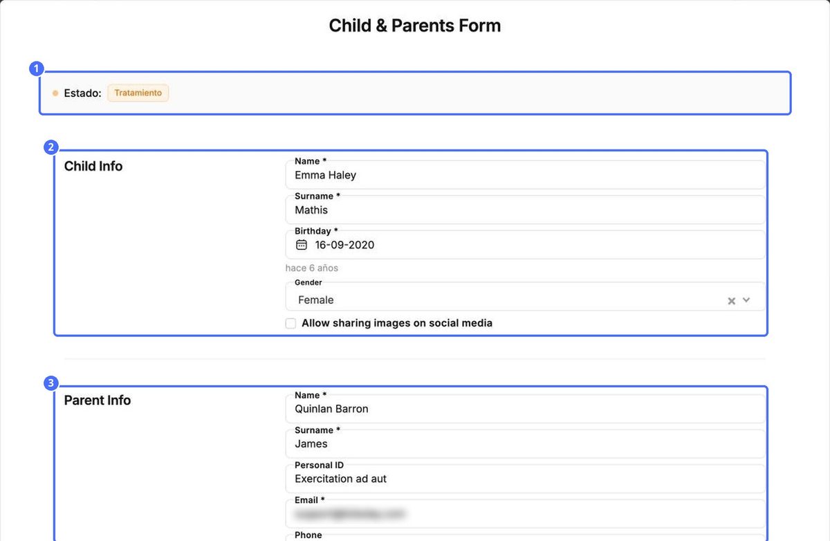 (1) El estado de la solicitud, (2) los datos del niño, (3) los datos de los padres