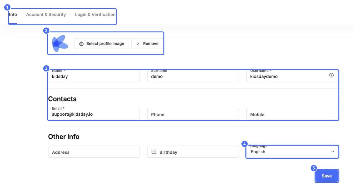 (1) Profile tabs, (2) profile picture, (3) name and contacts, (4) Language, (5) Save