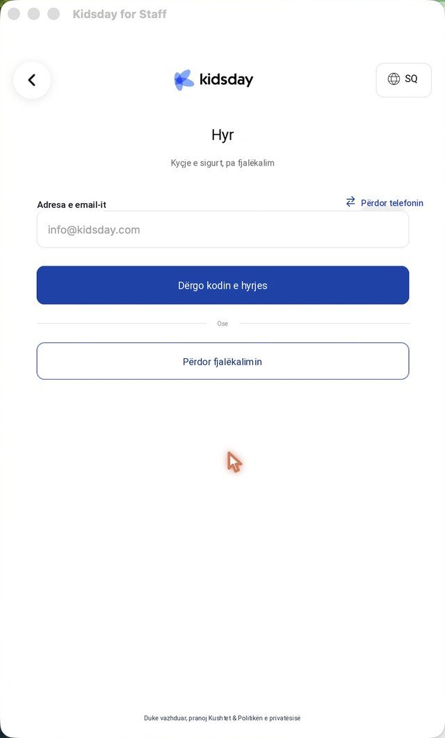 Adresa juaj e emailit, me çelësin Përdor telefonin dhe Dërgo kodin e hyrjes