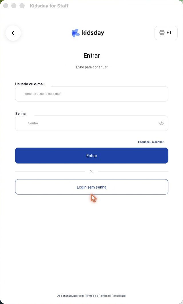 A tela de login, com Esqueceu a senha? e Login sem senha