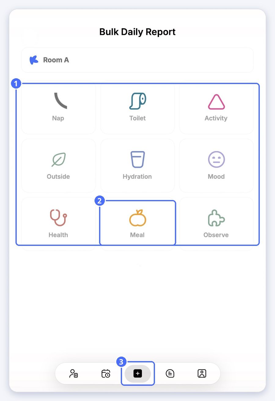 (1) Report types, (2) Meal, (3) the plus button