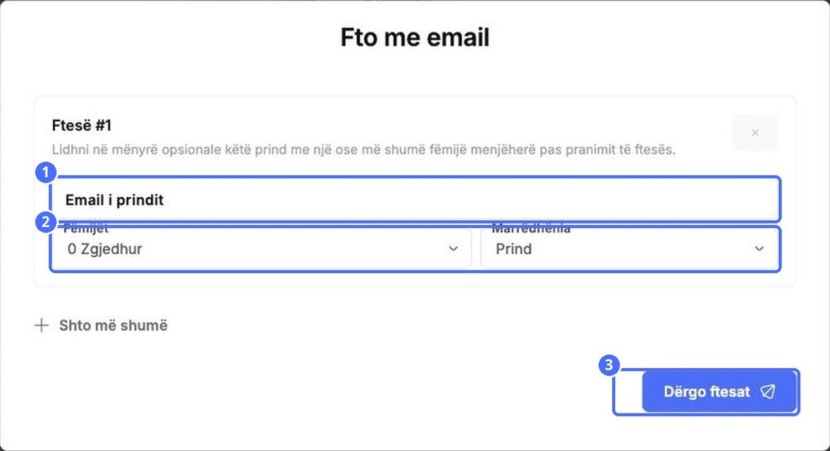 (1) Emaili, (2) fëmijët dhe lidhja, (3) Dërgo ftesat