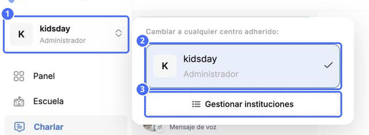(1) Selector de centro, (2) centros a los que se ha unido, (3) Administrar instituciones