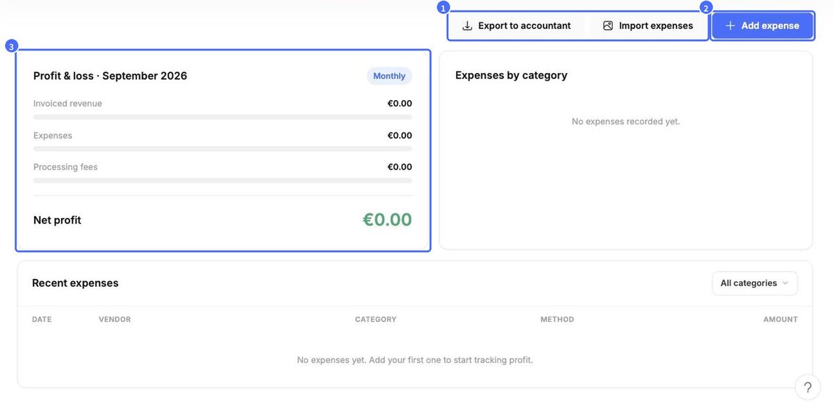 (1) Export to accountant / Import expenses, (2) Add expense, (3) Profit & loss