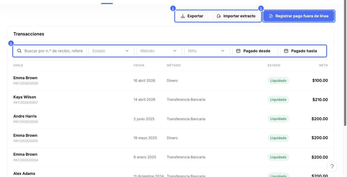 (1) Exportar e Importar extracto, (2) Registrar pago fuera de línea, (3) filtros
