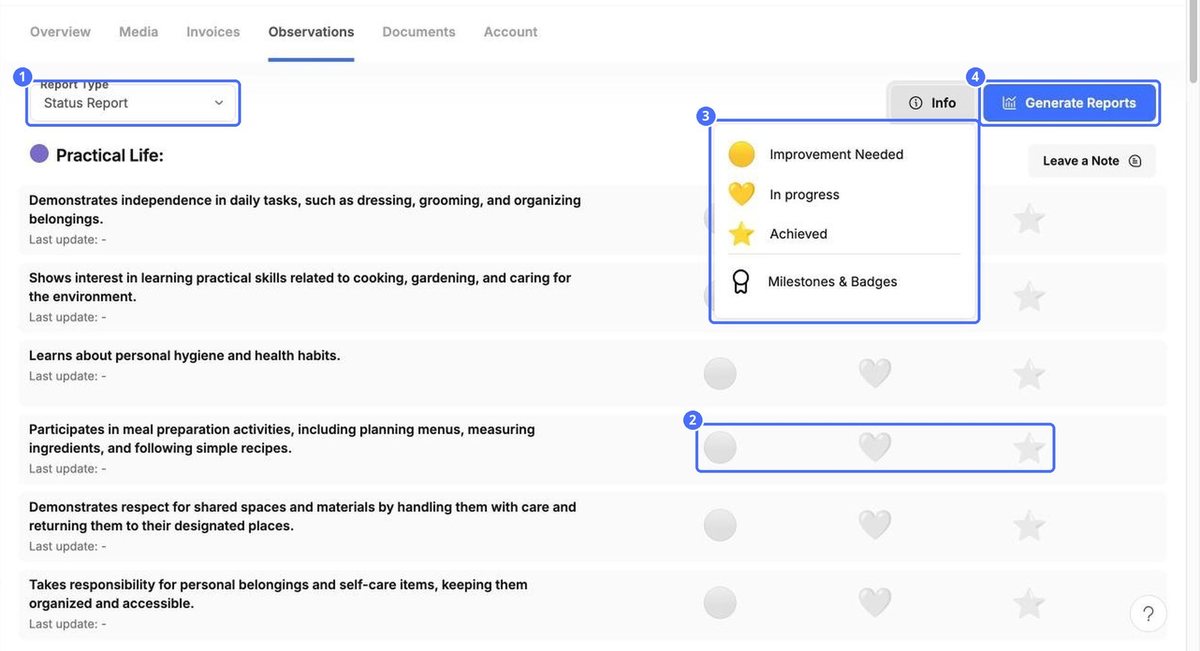 (1) Report type, (2) the levels for a skill, (3) what each icon means, (4) Generate Reports