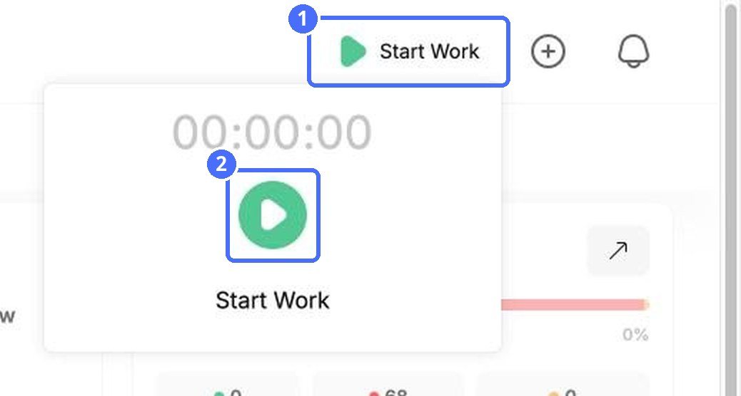 (1) Start Work in the top bar, (2) start the timer