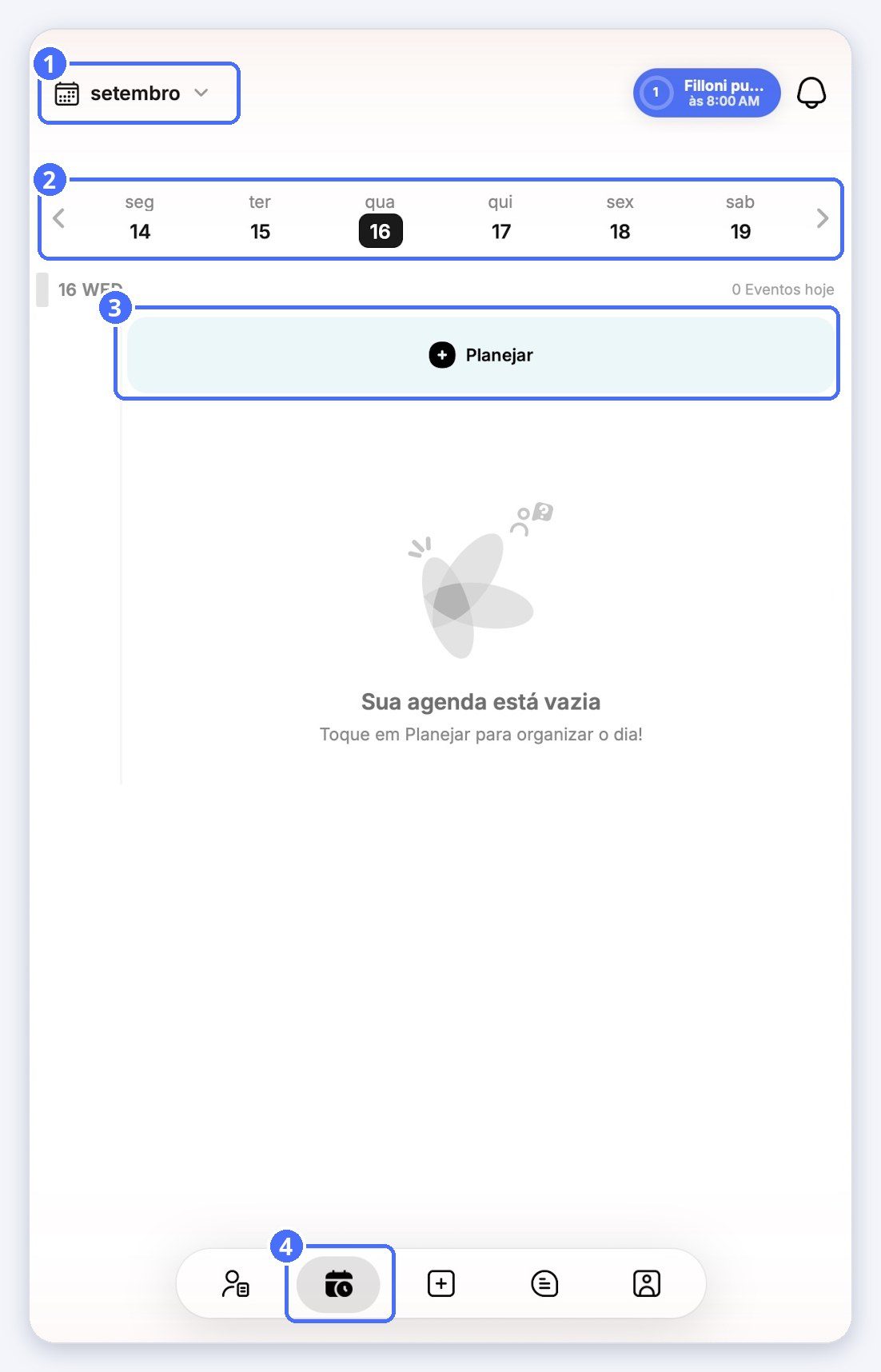 (1) Mês, (2) faixa da semana, (3) Planejar, (4) a aba Calendário