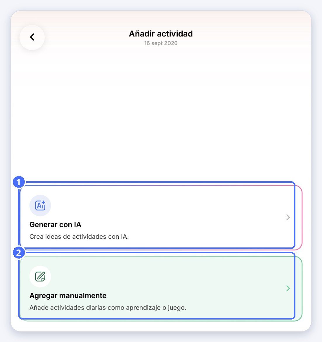 (1) Generar con IA, (2) Agregar manualmente