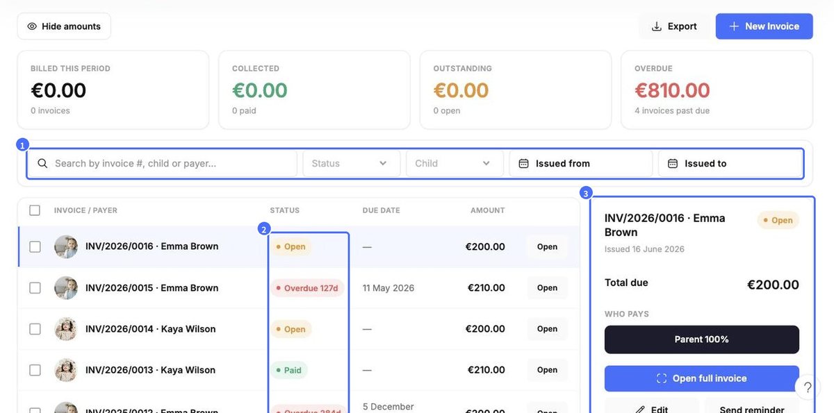 (1) Search and filters, (2) status, (3) invoice details panel