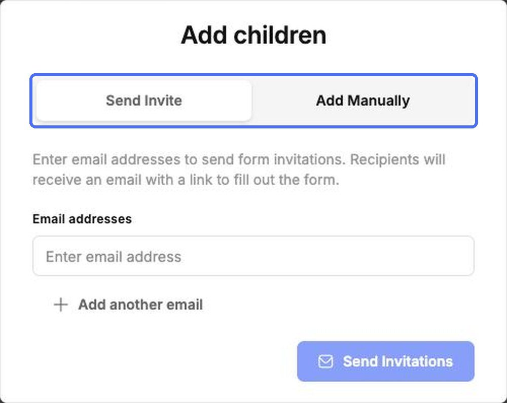Send Invite and Add Manually are the two tabs of Add children