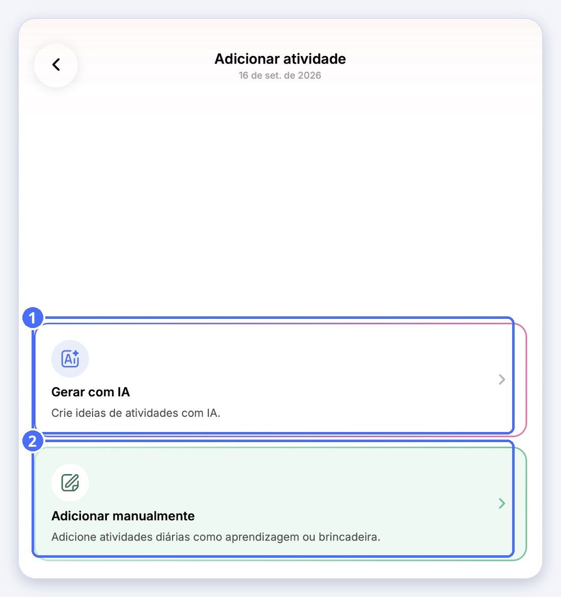 (1) Gere com IA, (2) Adicionar manualmente