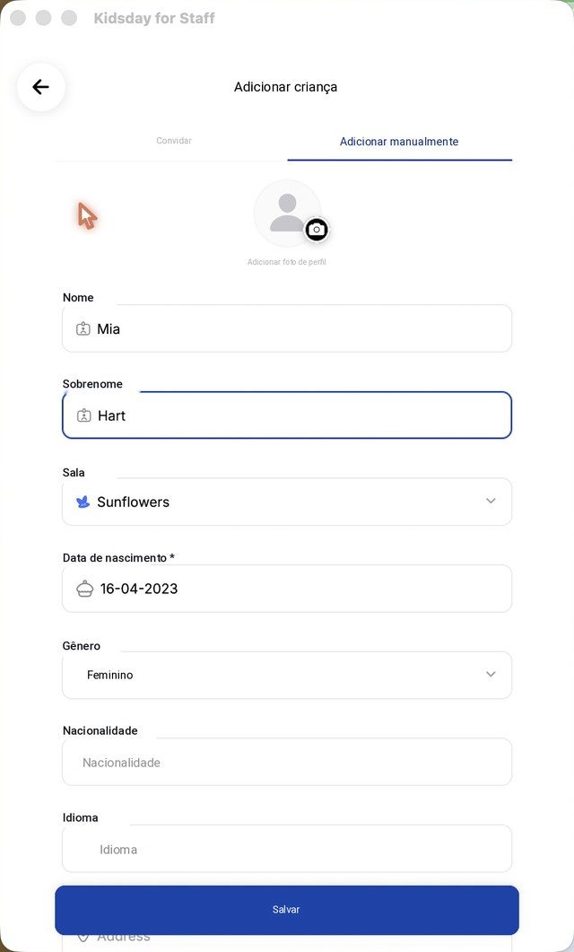 Adicionar uma criança: nome, sobrenome, data de nascimento e gênero