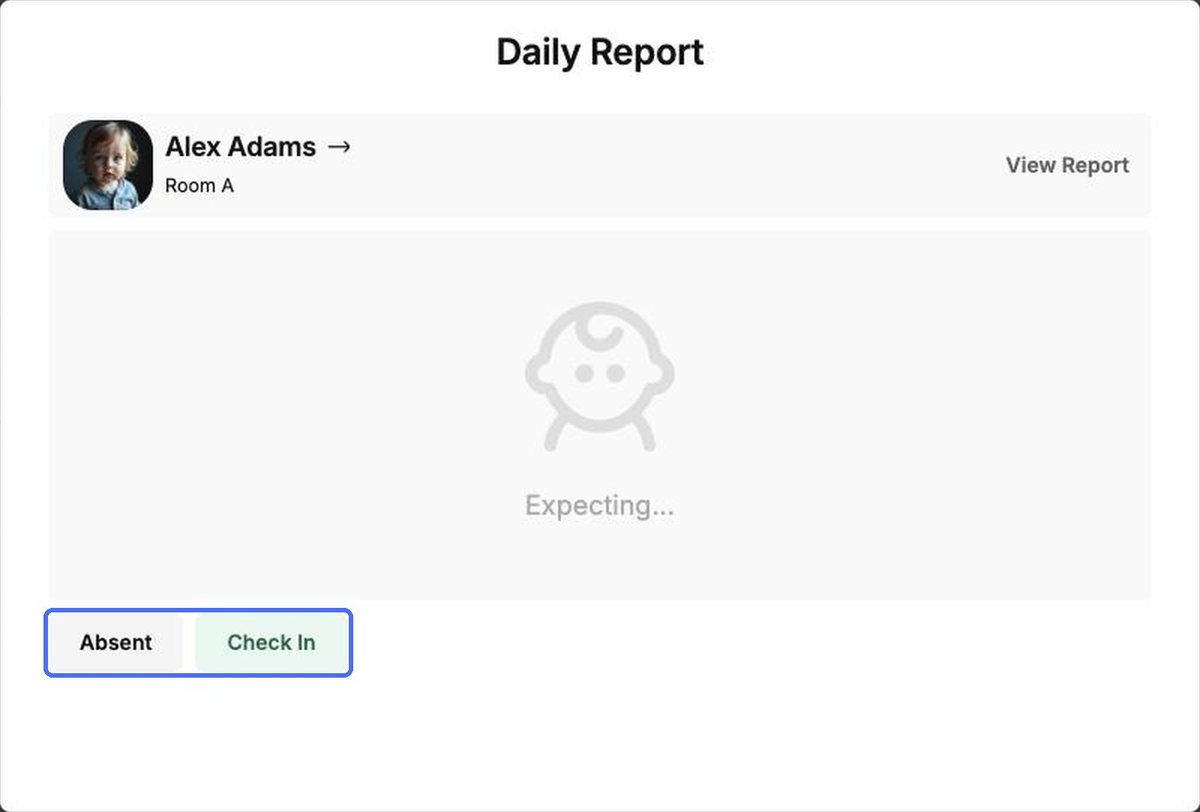 A child who hasn't arrived yet shows Expecting… Check the child in first