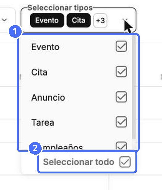 (1) Los tipos de elemento, (2) Seleccionar todo