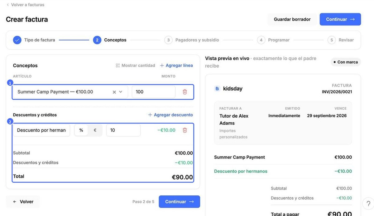(1) Línea de factura, (2) descuento del 10 % para hermanos