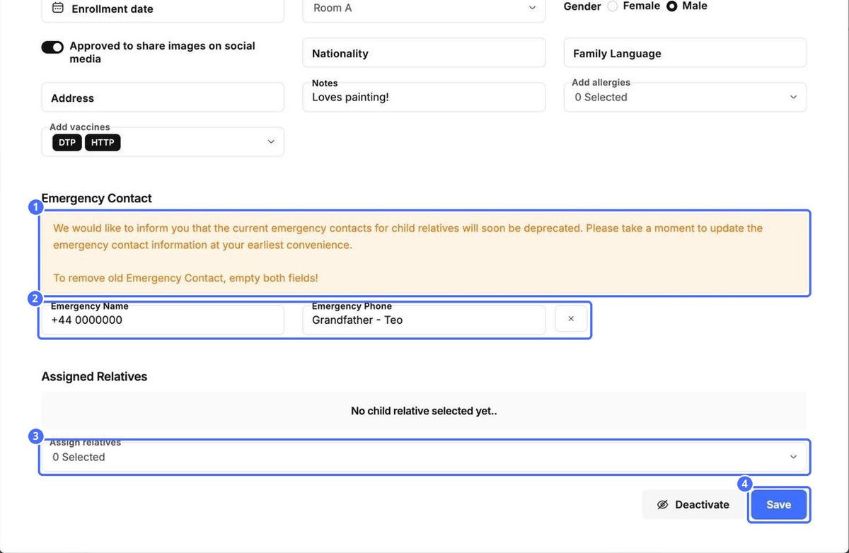 (1) Notice about emergency contacts, (2) name and phone (× clears them), (3) Assign relatives, (4) Save