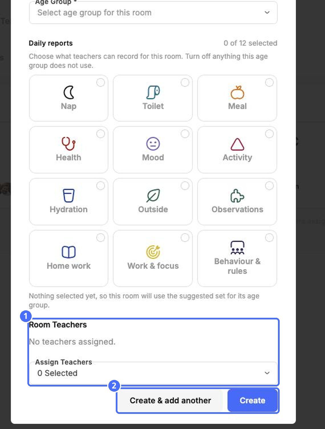 (1) Assign the room's teachers, (2) create the room