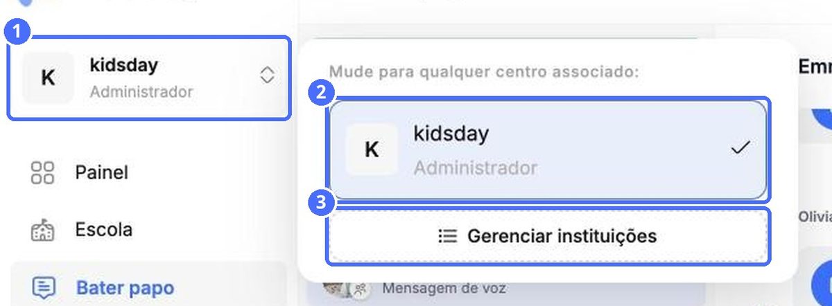 (1) Seletor de centros, (2) centros associados, (3) Gerenciar instituições