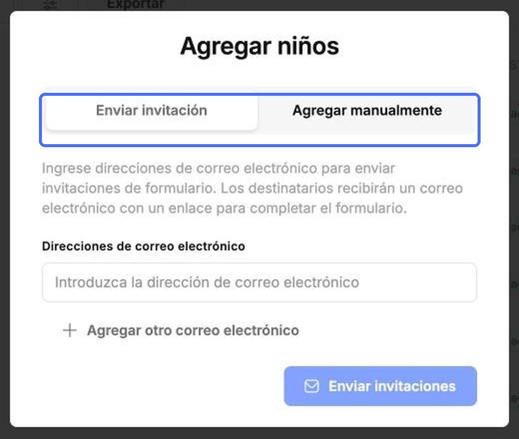 Enviar invitación y Agregar manualmente son las dos pestañas de Agregar niños