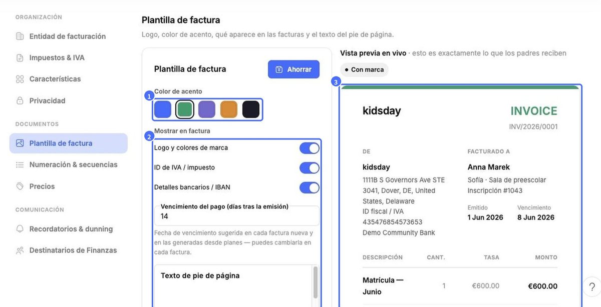 (1) Color de acento, (2) opciones de factura, (3) vista previa en vivo