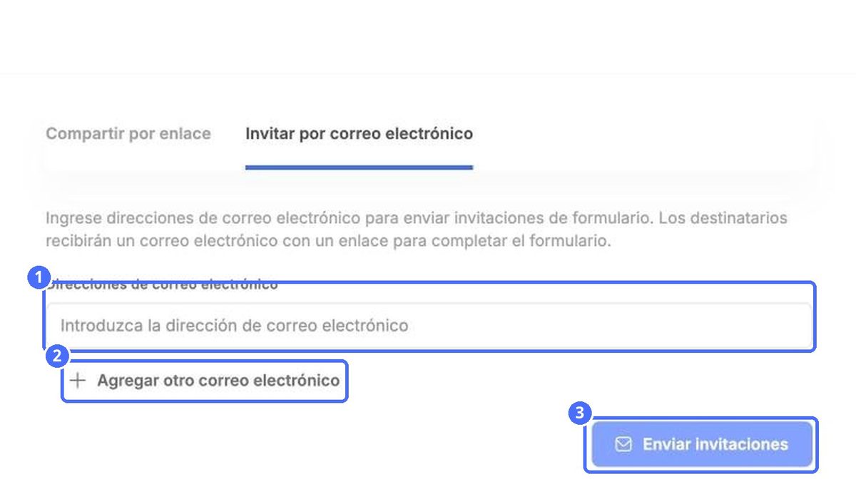 (1) Direcciones de correo electrónico, (2) agregar más familias, (3) enviar las invitaciones