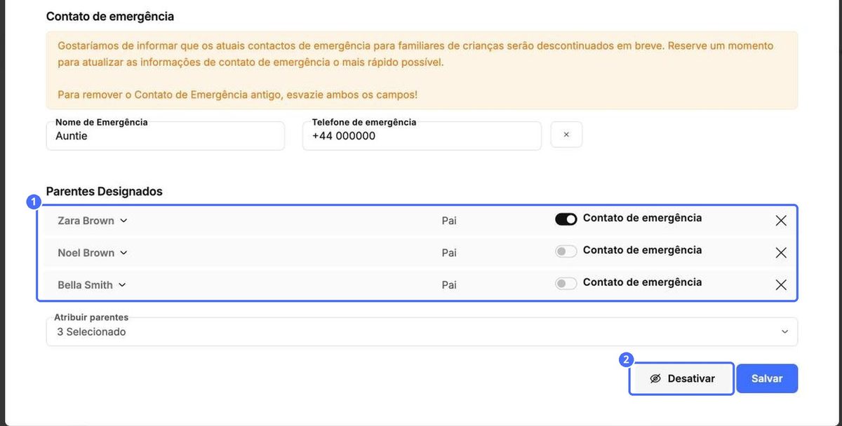 (1) Parentes atribuídos com a opção Contato de emergência, (2) Desativar