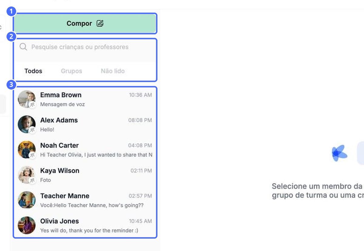 (1) Escrever, (2) pesquisa e os filtros Todas, Grupos e Não lidas, (3) suas conversas