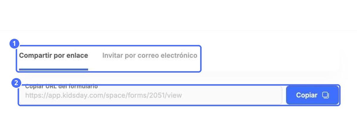 (1) Las dos maneras de enviar el formulario, (2) el enlace del formulario y el botón Copiar