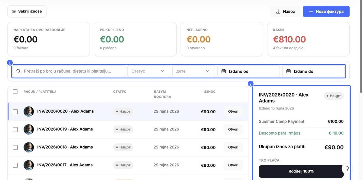 (1) Pretraživanje i filtri, (2) status, (3) ploča s pojedinostima računa