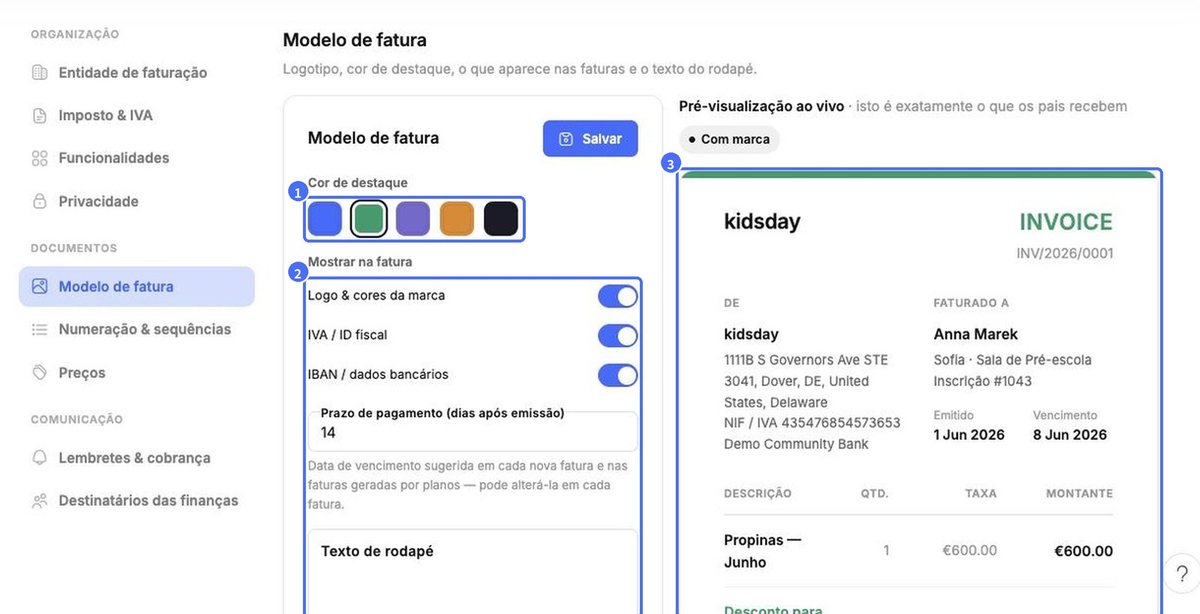 (1) Cor de destaque, (2) opções da fatura, (3) pré-visualização ao vivo