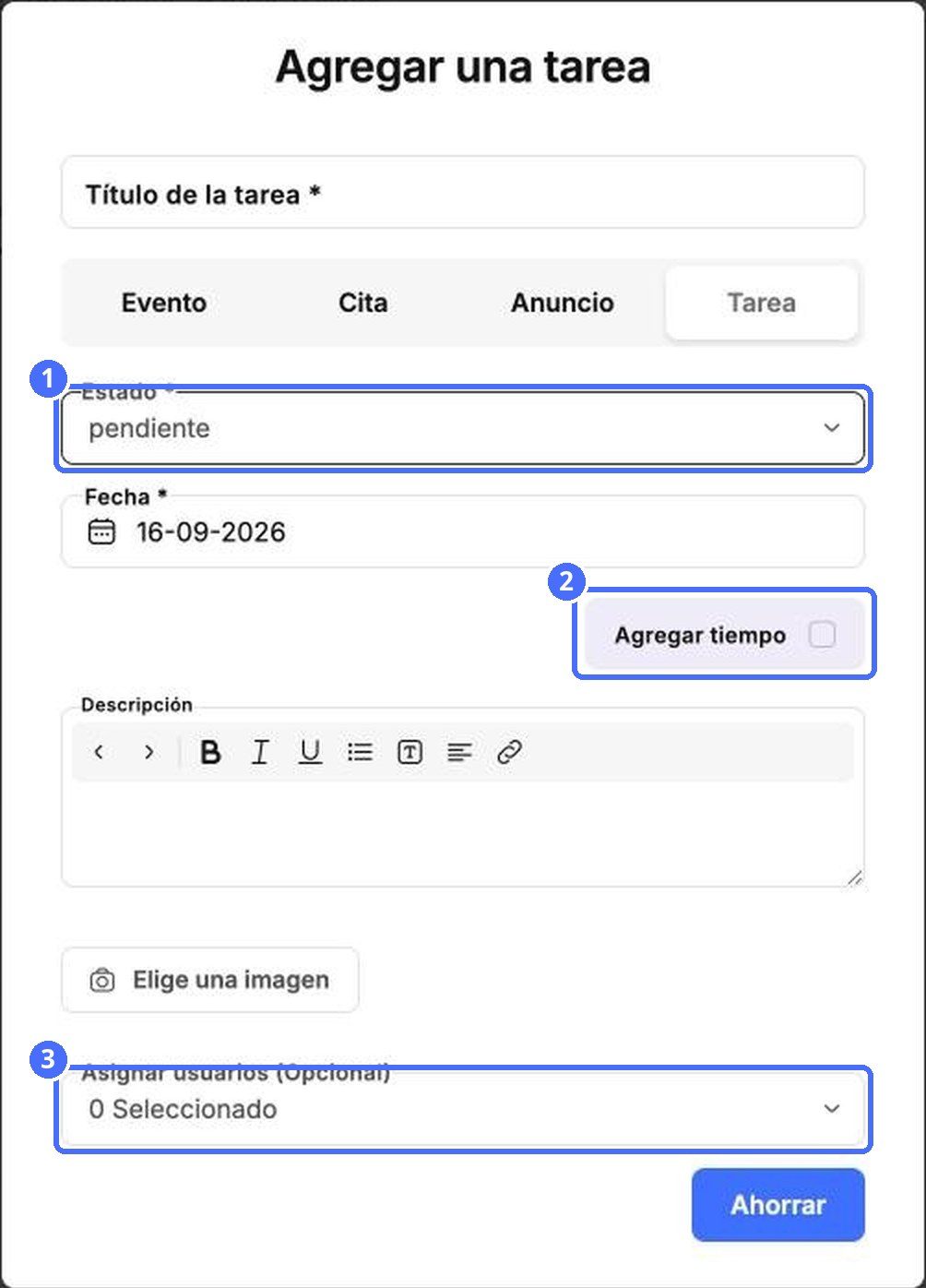 (1) Estado, (2) Agregar hora, (3) asignar usuarios