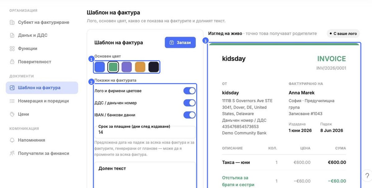 (1) Основен цвят, (2) опции на фактурата, (3) изглед на живо