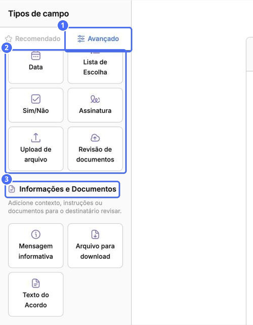 (1) A aba Avançados, (2) campos de entrada, (3) Informações e documentos