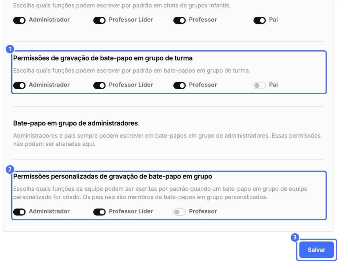 (1) Grupos de turma, (2) grupos personalizados, (3) Salvar