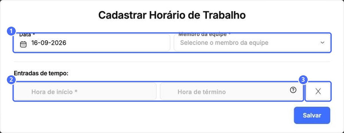 (1) Data e funcionário, (2) hora de início e de término, (3) remoção do registro