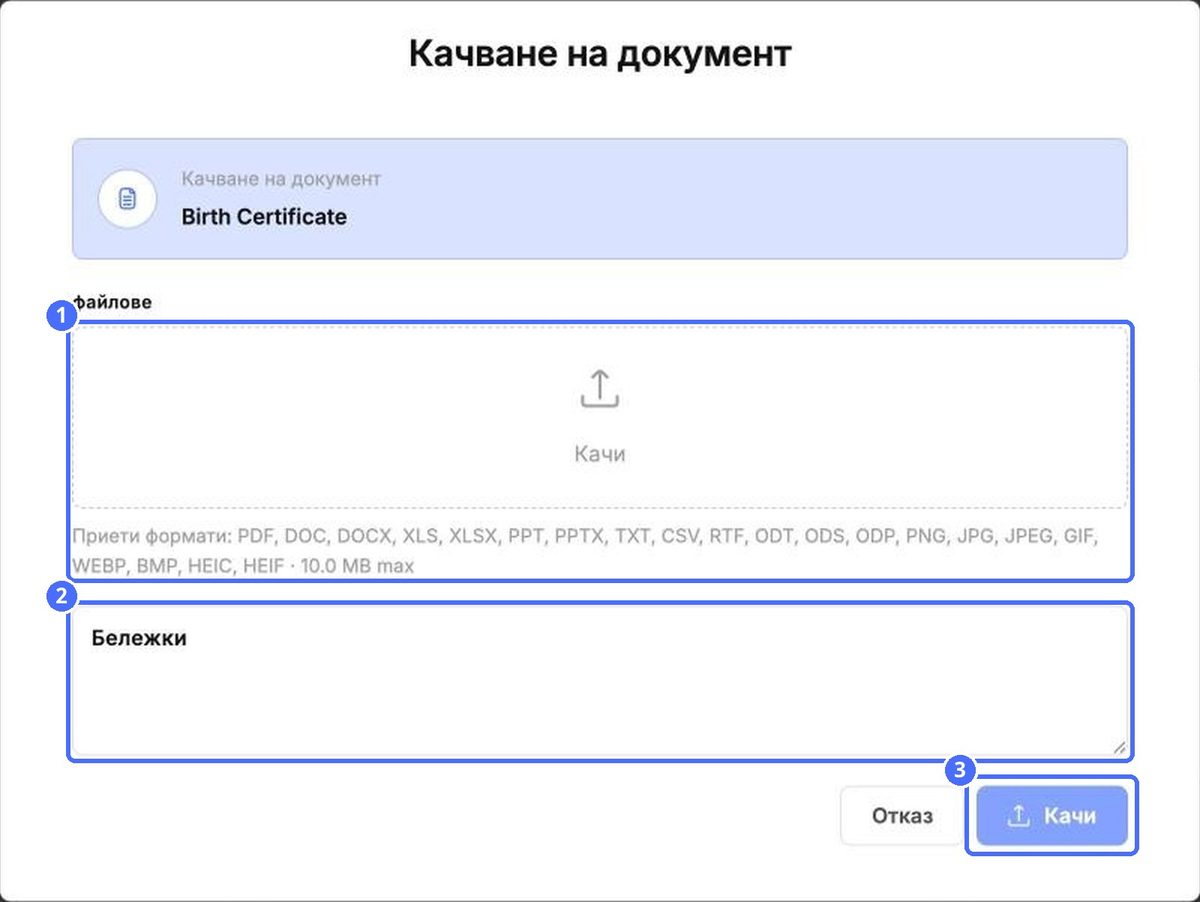 (1) Избор на файла, (2) бележки, (3) качване