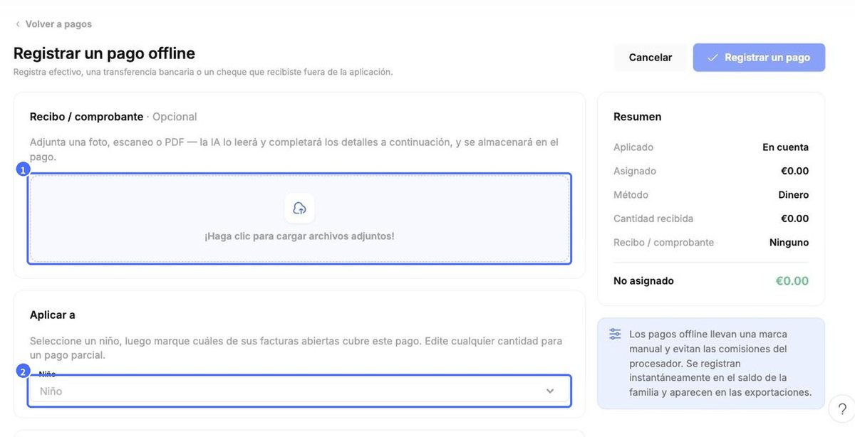 (1) Carga del recibo, (2) selección del niño