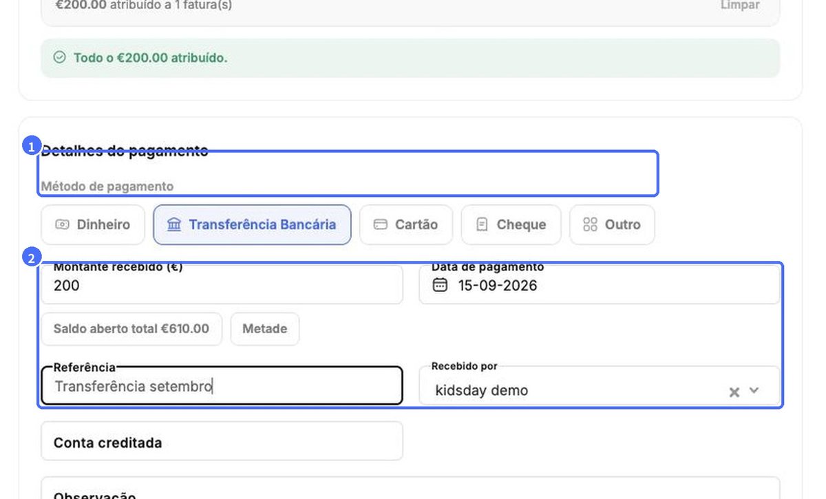 (1) Método de pagamento, (2) valor, data e referência